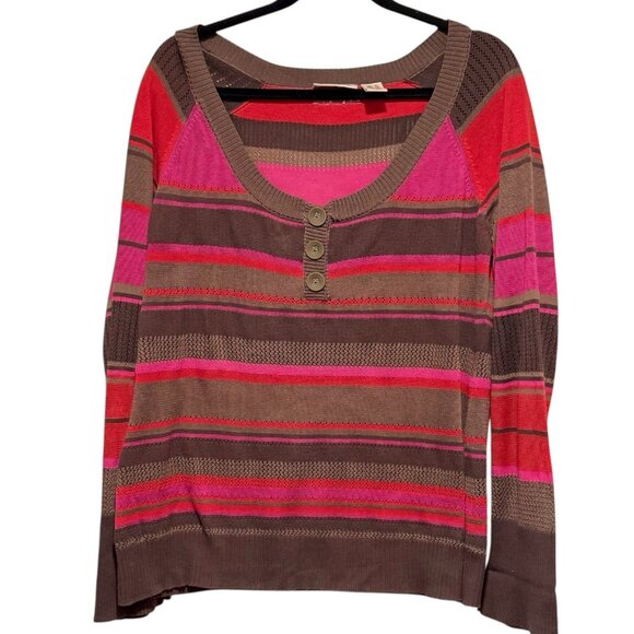 Y2K DKNY Jeans Brown Pink Red Striped Long Sleeve Henley Sweater Womens XL - Picture 3 of 11